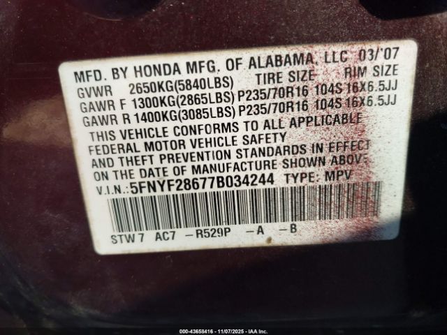 2007 HONDA PILOT 5FNYF28677B034244 Photo 8