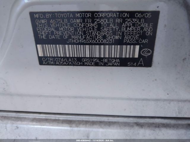 2006 LEXUS GS 300 JTHCH96SX60008231 Photo 8