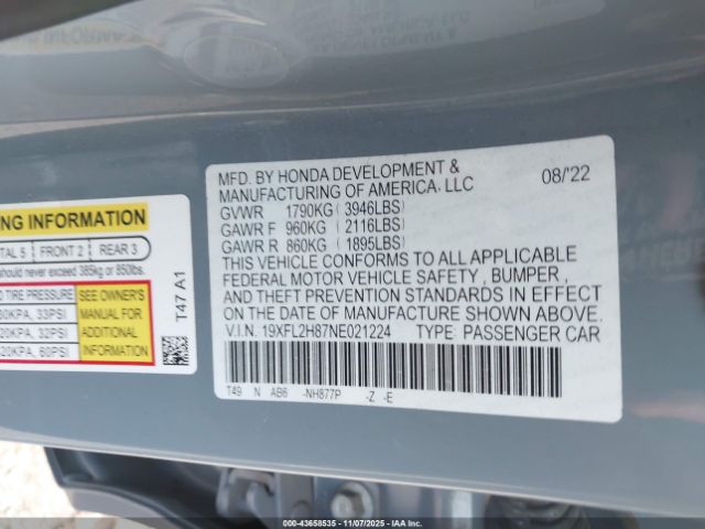 2022 HONDA CIVIC 19XFL2H87NE021224 Photo 8