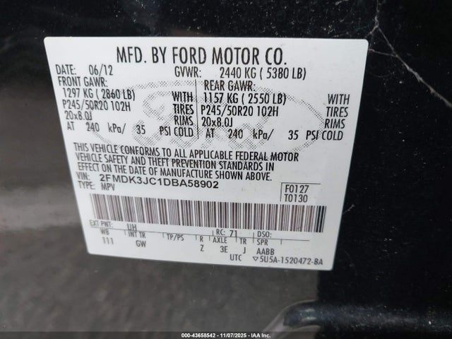 Aukcja sprzedaży 2013 Ford Edge Sel, vin: 2FMDK3JC1DBA58902, numer aukcji: 43658542