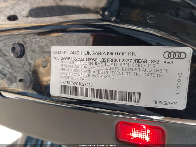 43658599 :رقم المزاد ، TRUT5CFV2G1027469 vin ، 2016 Audi Tt 2.0t مزاد بيع