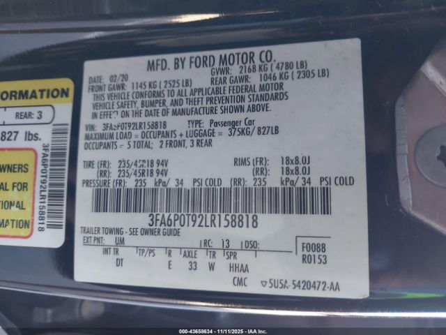 2020 FORD FUSION 3FA6P0T92LR158818 Photo 8