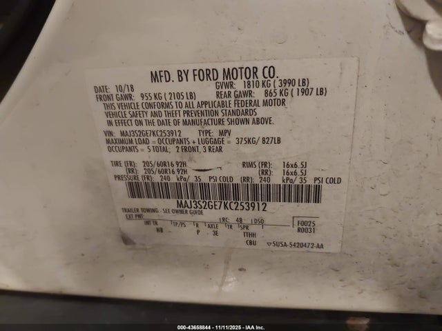 Aukcja sprzedaży 2019 Ford Ecosport Se, vin: MAJ3S2GE7KC253912, numer aukcji: 43658844