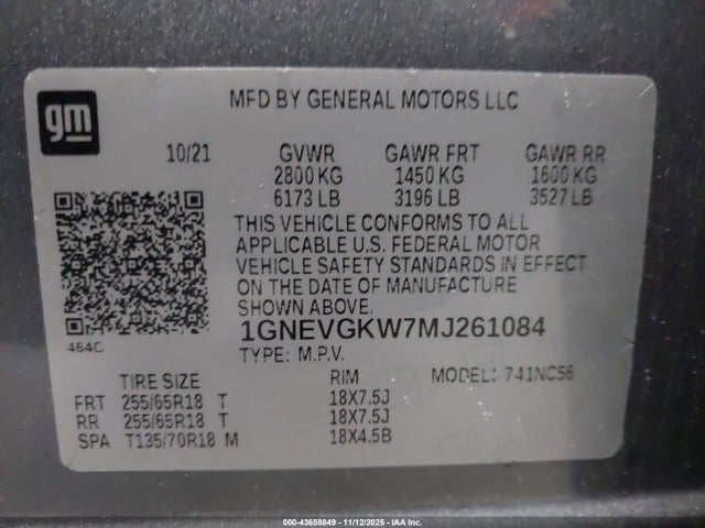 Продаж на аукціоні авто 2021 Chevrolet Traverse Awd Lt Cloth, vin: 1GNEVGKW7MJ261084, номер лоту: 43658849