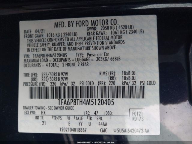 2021 FORD MUSTANG 1FA6P8TH4M5120405 Photo 8