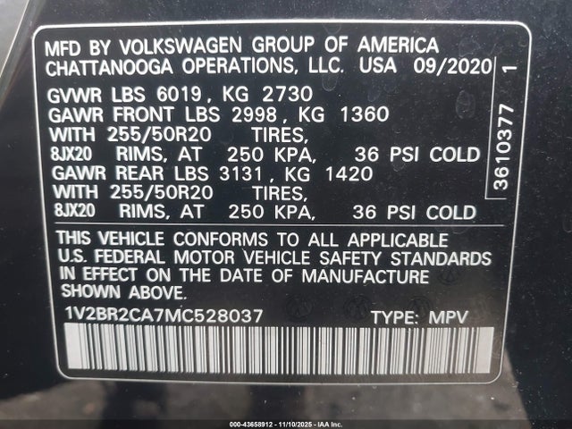 Aukcja sprzedaży 2021 Volkswagen Atlas 3.6l V6 Sel, vin: 1V2BR2CA7MC528037, numer aukcji: 43658912