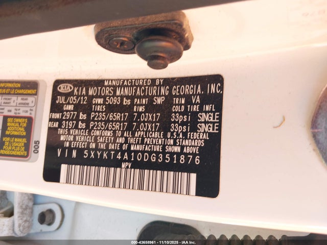 43658961 :رقم المزاد ، 5XYKT4A10DG351876 vin ، 2013 Kia Sorento Lx مزاد بيع