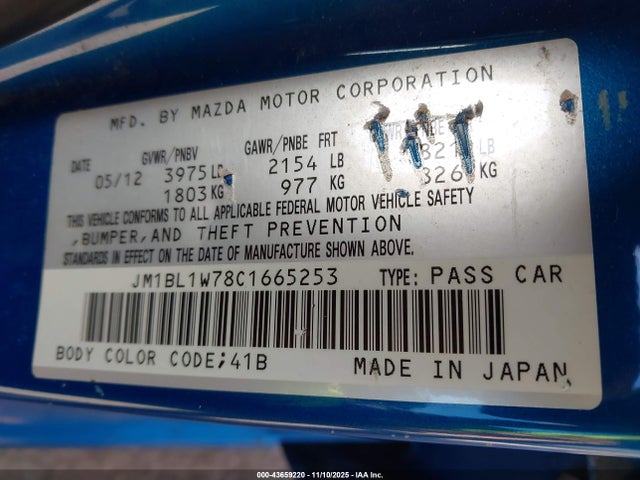 Aukcja sprzedaży 2012 Mazda Mazda3 I Grand Touring, vin: JM1BL1W78C1665253, numer aukcji: 43659220