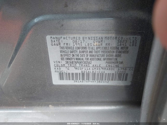 Продажа на аукционе авто 2017 Nissan Sentra S, vin: 3N1AB7AP4HY382542, номер лота: 43659221