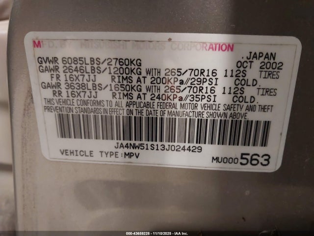 2003 MITSUBISHI MONTERO JA4NW51S13J024429 Photo 8
