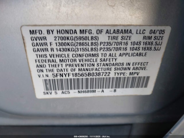 43659255 :رقم المزاد ، 5FNYF18565B038722 vin ، 2005 Honda Pilot Ex-l مزاد بيع
