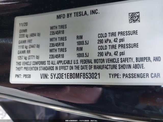 2021 TESLA MODEL 3 5YJ3E1EB0MF853021 Photo 8