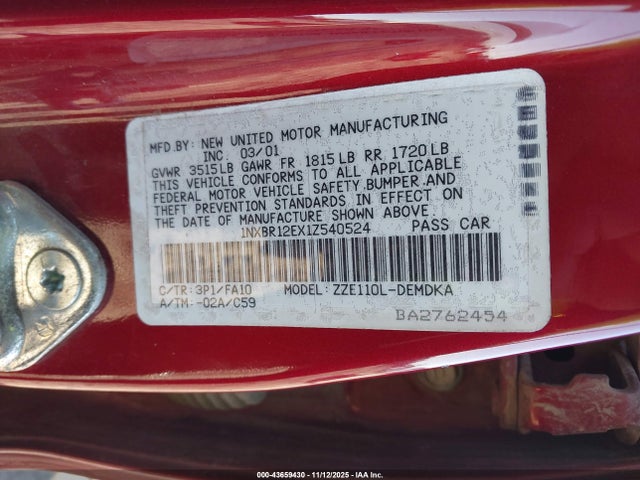 2001 TOYOTA COROLLA 1NXBR12EX1Z540524 Photo 8