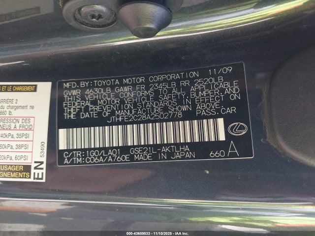 2010 Lexus Is 350c მანქანა იყიდება აუქციონზე, vin: JTHFE2C28A2502778, აუქციონის ნომერი: 43659533