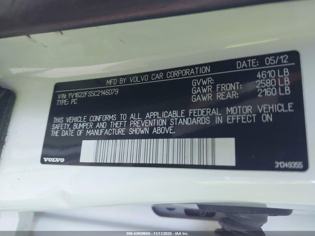Aukcja sprzedaży 2012 Volvo S60 T5, vin: YV1622FS5C2146079, numer aukcji: 43659655