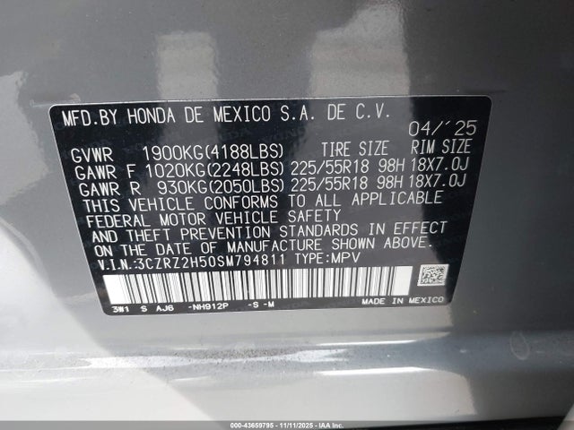 3CZRZ2H50SM794811 Honda Hr-v Awd Sport