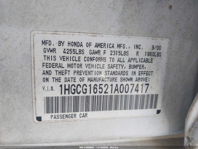2001 Honda Accord 3.0 Ex მანქანა იყიდება აუქციონზე, vin: 1HGCG16521A007417, აუქციონის ნომერი: 43659847