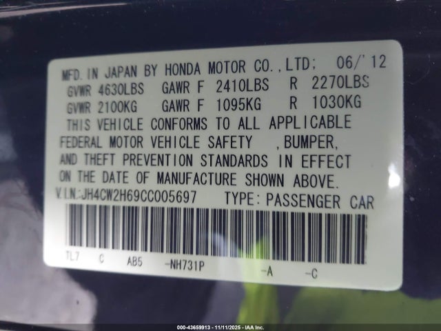 Продаж на аукціоні авто 2012 Acura Tsx 2.4, vin: JH4CW2H69CC005697, номер лоту: 43659913