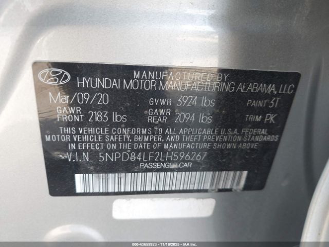 2020 HYUNDAI ELANTRA 5NPD84LF2LH596267 Photo 8