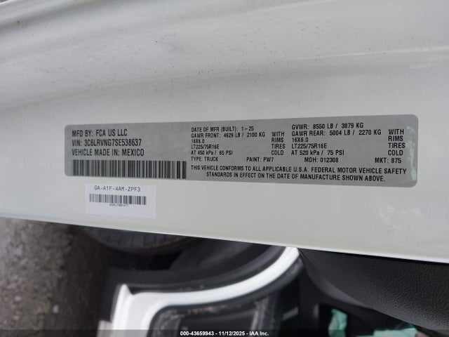 2025 Ram Promaster 1500 Tradesman Low Roof 118 Wb W/pass Seat მანქანა იყიდება აუქციონზე, vin: 3C6LRVNG7SE538637, აუქციონის ნომერი: 43659943