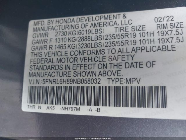 2022 HONDA ODYSSEY 5FNRL6H89NB058032 Photo 8