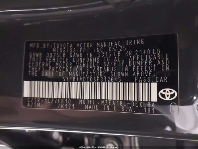 2025 Toyota Corolla Le მანქანა იყიდება აუქციონზე, vin: 5YFB4MDE0SP312645, აუქციონის ნომერი: 43660170