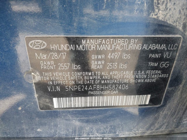5NPE24AF8HH582406 Hyundai Sonata