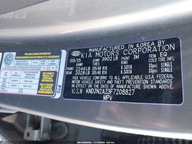 43660384 :رقم المزاد ، KNDJN2A23F7208827 vin ، 2015 Kia Soul مزاد بيع