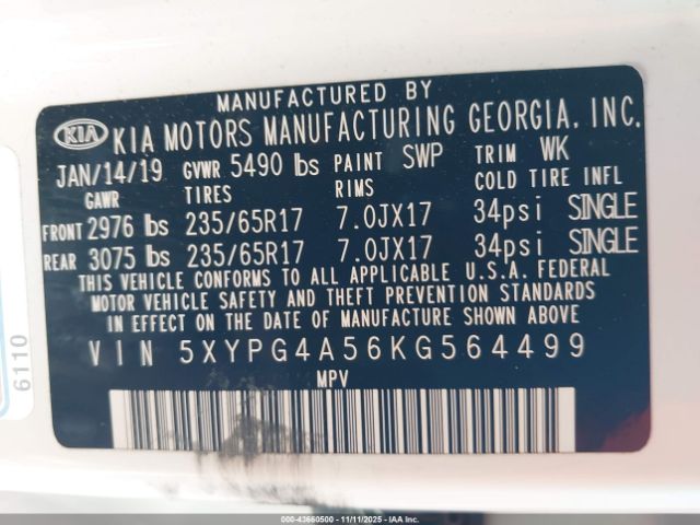 2019 KIA SORENTO 5XYPG4A56KG564499 Photo 8
