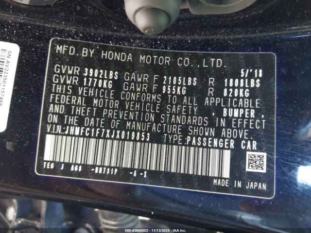 2018 HONDA CIVIC JHMFC1F7XJX019853 Photo 8
