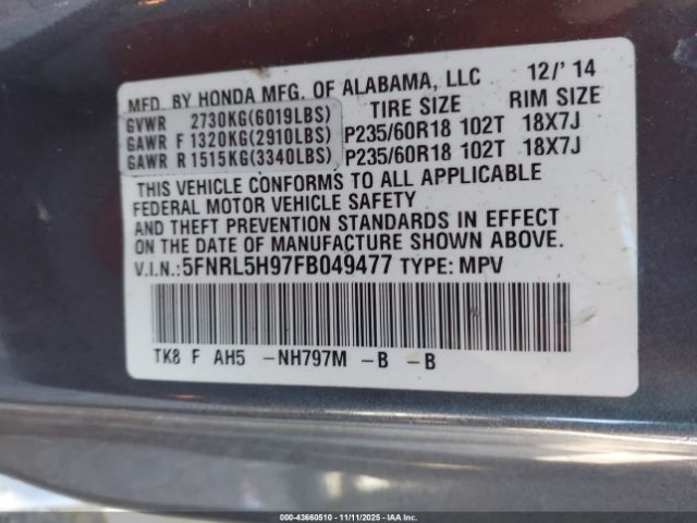 2015 HONDA ODYSSEY 5FNRL5H97FB049477 Photo 8