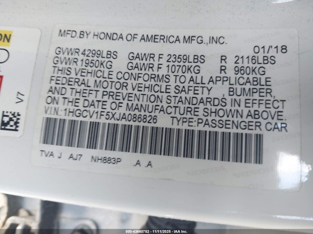 2018 Honda Accord Ex-l მანქანა იყიდება აუქციონზე, vin: 1HGCV1F5XJA086826, აუქციონის ნომერი: 43660752