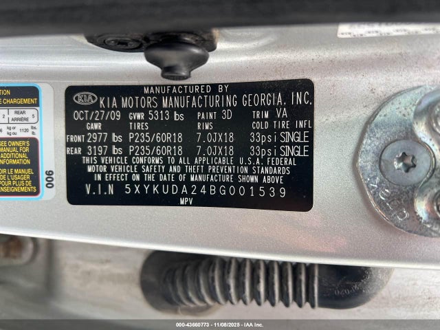 Aukcja sprzedaży 2011 Kia Sorento Ex V6, vin: 5XYKUDA24BG001539, numer aukcji: 43660773