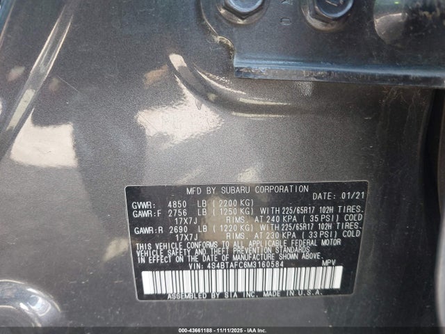 Aukcja sprzedaży 2021 Subaru Outback Premium, vin: 4S4BTAFC6M3160584, numer aukcji: 43661188