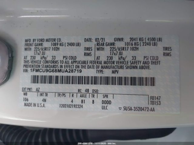 2021 FORD ESCAPE 1FMCU9G68MUA28719 Photo 8