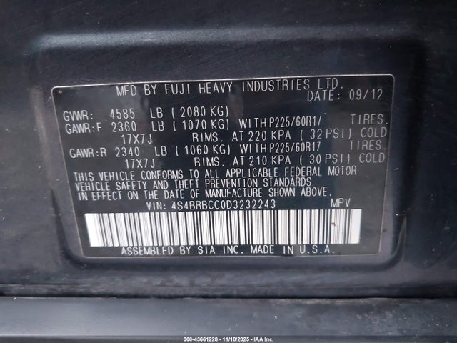 Продаж на аукціоні авто 2013 Subaru Outback 2.5i Premium, vin: 4S4BRBCC0D3232243, номер лоту: 43661228