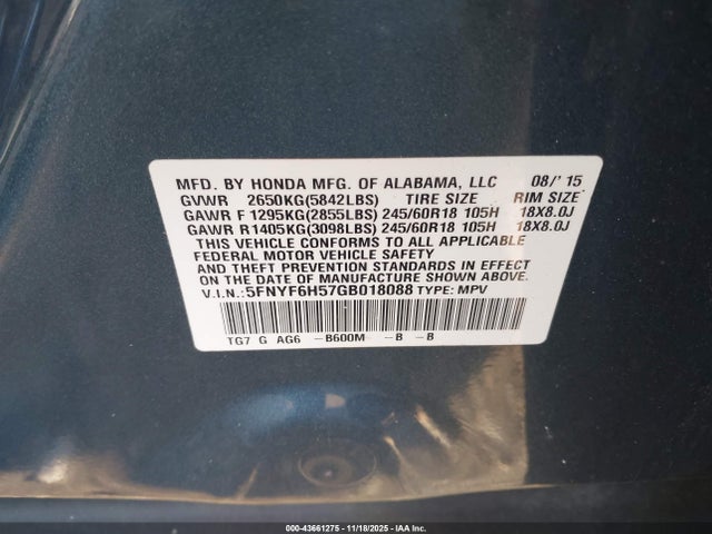 2016 HONDA PILOT 5FNYF6H57GB018088 Photo 8