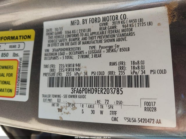 Ford FUSION SE 2014 3FA6P0HD9ER203785 Image 9