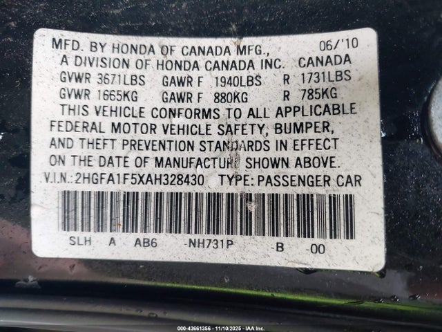 Продаж на аукціоні авто 2010 Honda Civic Lx, vin: 2HGFA1F5XAH328430, номер лоту: 43661356
