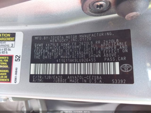 2020 TOYOTA CAMRY 4T1G11AK9LU926455 Photo 8