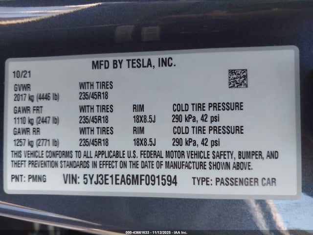 2021 TESLA MODEL 3 5YJ3E1EA6MF091594 Photo 8