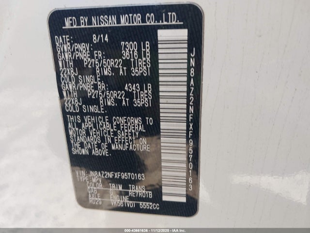 Aukcja sprzedaży 2015 Infiniti Qx80, vin: JN8AZ2NFXF9570163, numer aukcji: 43661636