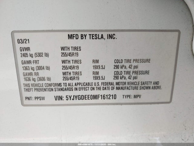43661675 :رقم المزاد ، 5YJYGDEE0MF161210 vin ، 2021 Tesla Model Y Long Range Dual Motor All-wheel Drive مزاد بيع