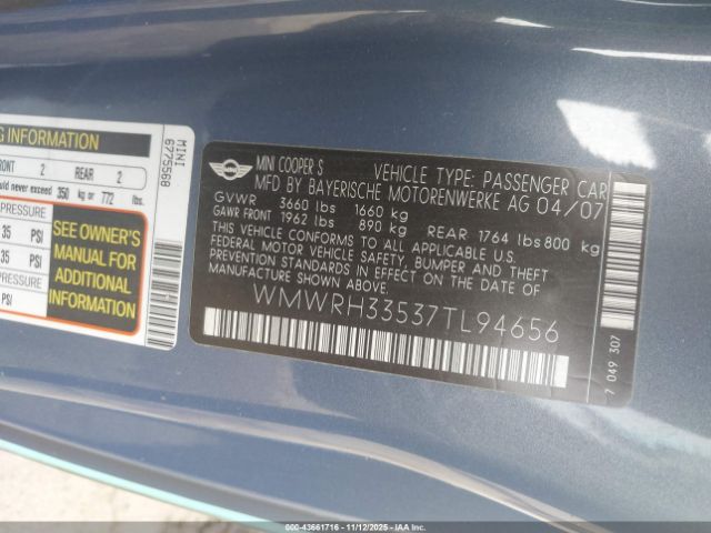 2007 MINI COOPER S WMWRH33537TL94656 Photo 8