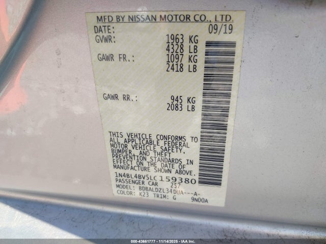 Продаж на аукціоні авто 2020 Nissan Altima S Fwd, vin: 1N4BL4BV5LC159380, номер лоту: 43661777