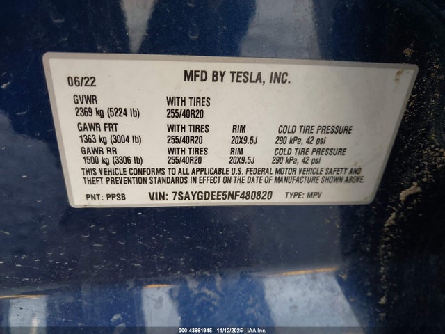 2022 TESLA MODEL Y 7SAYGDEE5NF480820 Photo 8