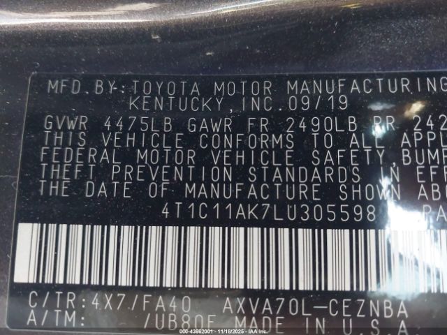 2020 TOYOTA CAMRY 4T1C11AK7LU305598 Photo 8