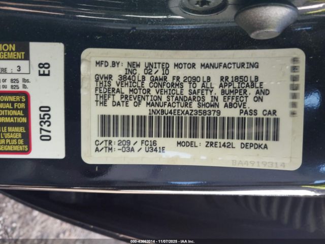 2010 TOYOTA COROLLA 1NXBU4EEXAZ358379 Photo 8