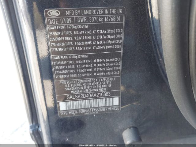 2010 LAND ROVER RANGE ROVER SPORT SALSK2D40AA216883 Photo 8
