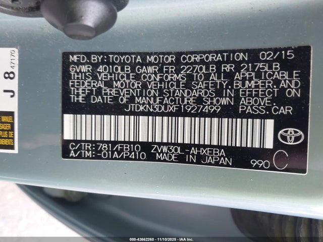 JTDKN3DUXF1927499 Toyota Prius Two